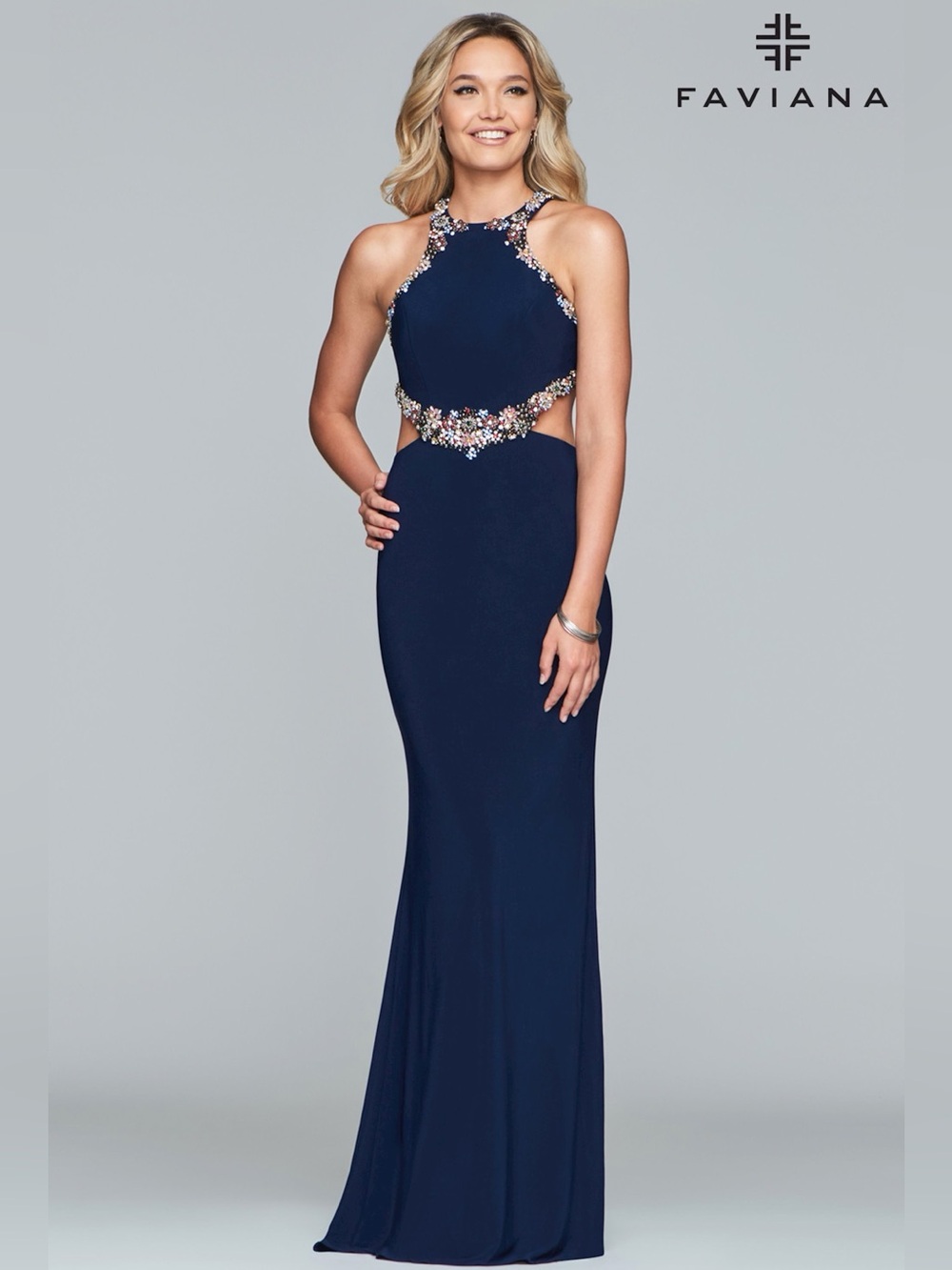 Faviana Glamour Size 4 Navy Beaded 2 Piece Prom Gown Halter Formal Dress
